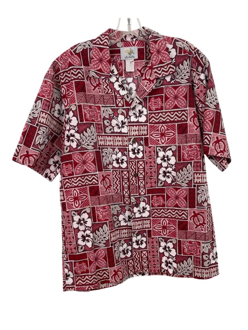 Ho Aloha Red Hawaiian Aloha Shirt Hibiscus & Turtles Design Short Sleeve Size L